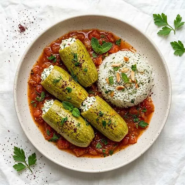 Stuffed baby marrow with herbed rice & tomato sauce